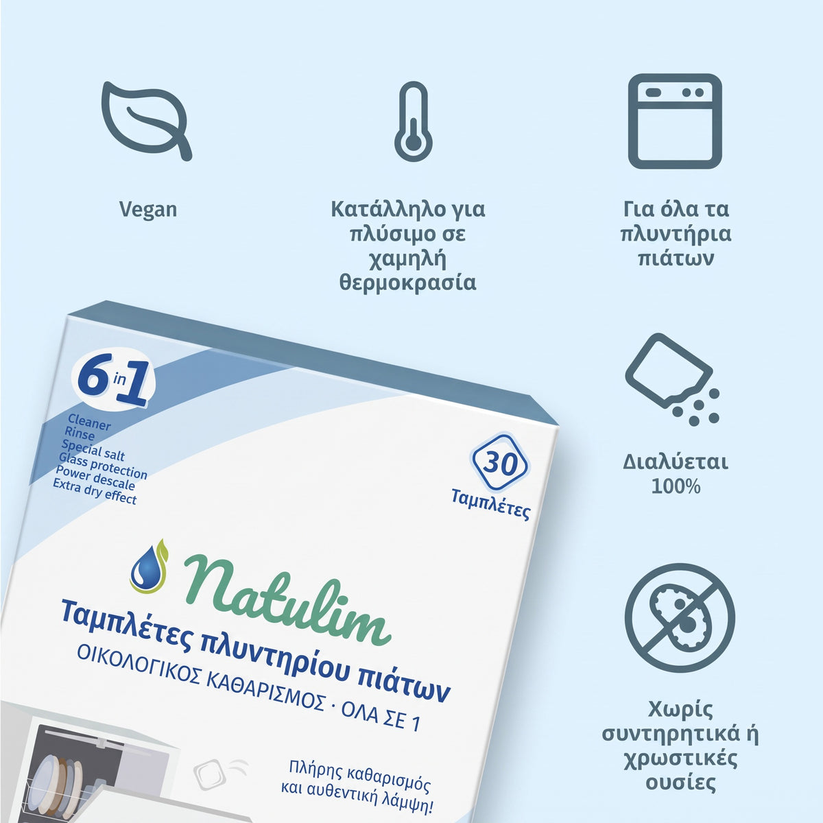 Eco ταμπλέτες πλυντηρίου πιάτων Natulim 6 σε 1 — 30 πλύσεις