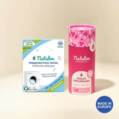 Natulim Φύλλα Απορρυπαντικού & Αρωματικές Πέρλες — Πέρλες Άρωμα Λουλουδιών, Φύλλα Χωρίς Άρωμα