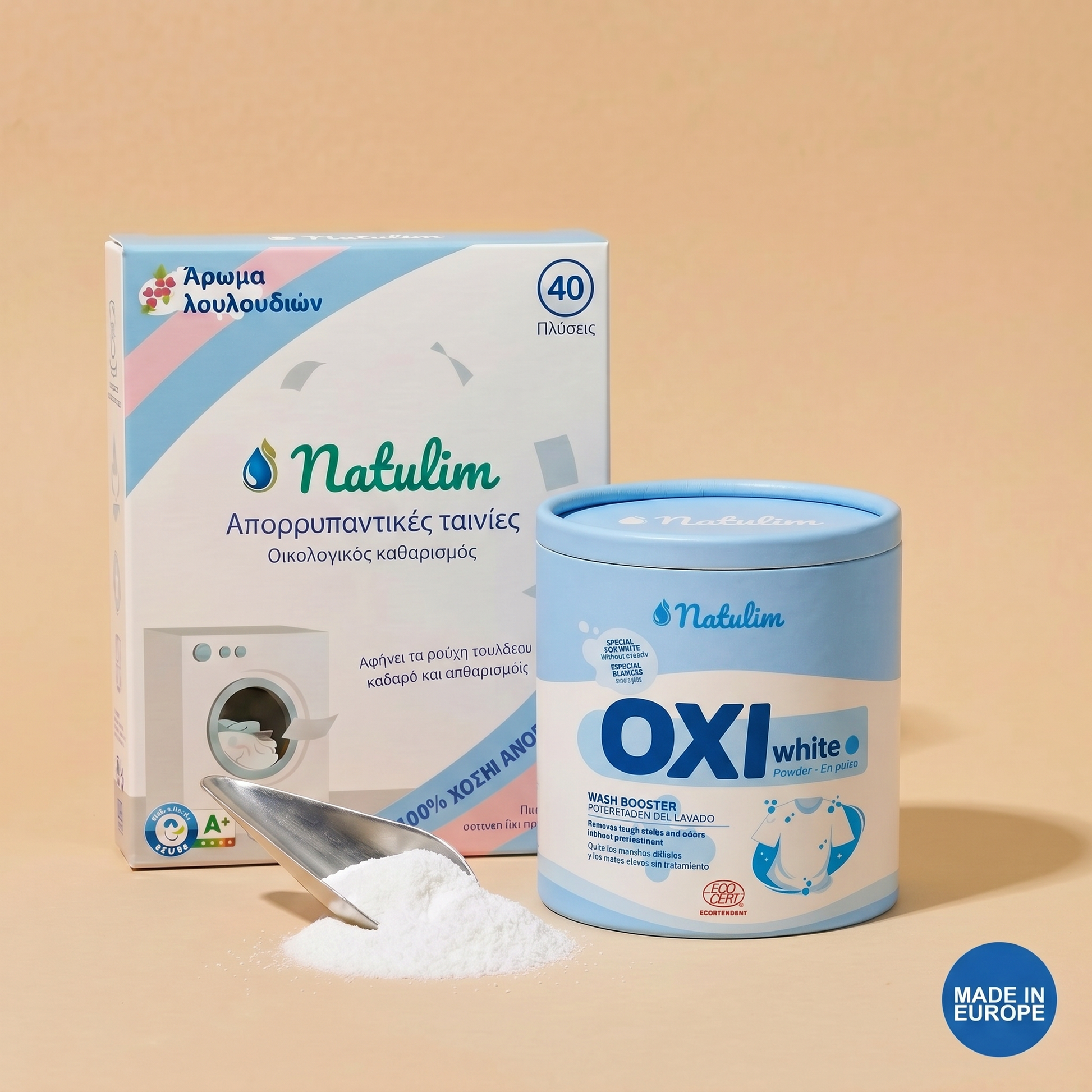 Φύλλα Απορρυπαντικού & Oxi White — πακέτο Natulim